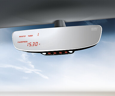 HALEs Premium-Spiegel SPT-03R – der Blickfang in jedem Taxi! HALEs Premium-Spiegel SPT-03R – der erste völlig rahmenlose Spiegeltaxameter am Markt!