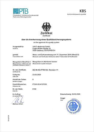 PTB Certificate / HALE Conformity Service Center